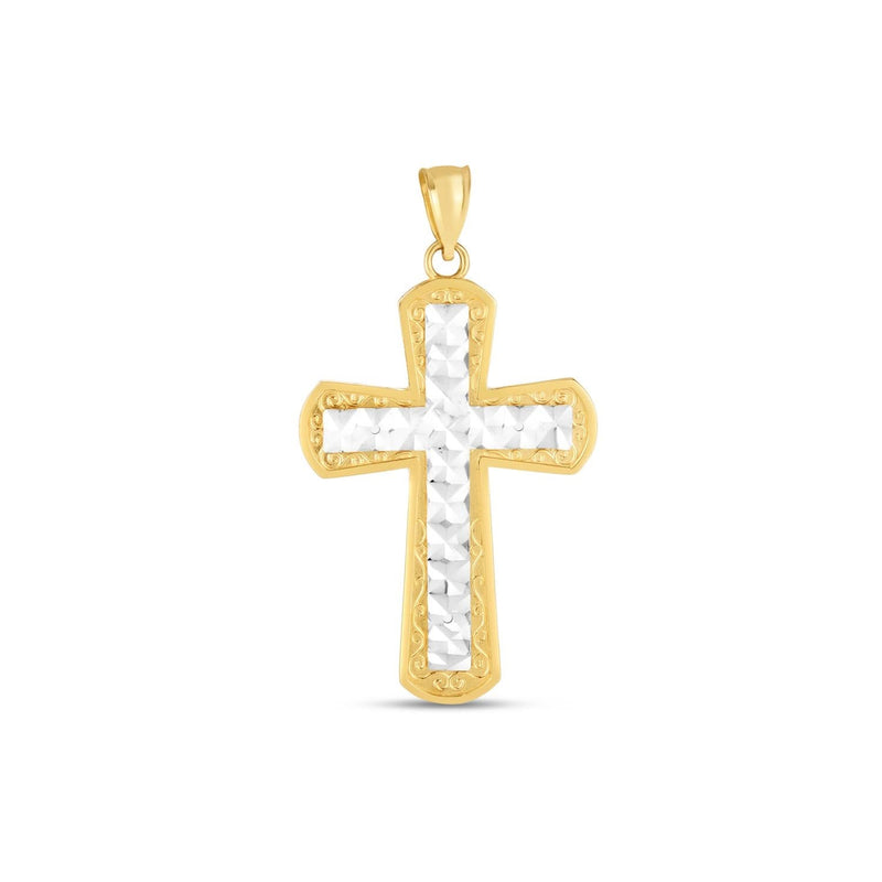 14k Two Tone Gold High Polish Diamond Cut Cross Pendant 14K two-tone gold cross pendant with diamond-cut high polish finish