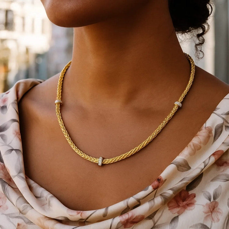 Woven Rope Necklace with Diamond Accents in 14k Yellow Gold Product Image