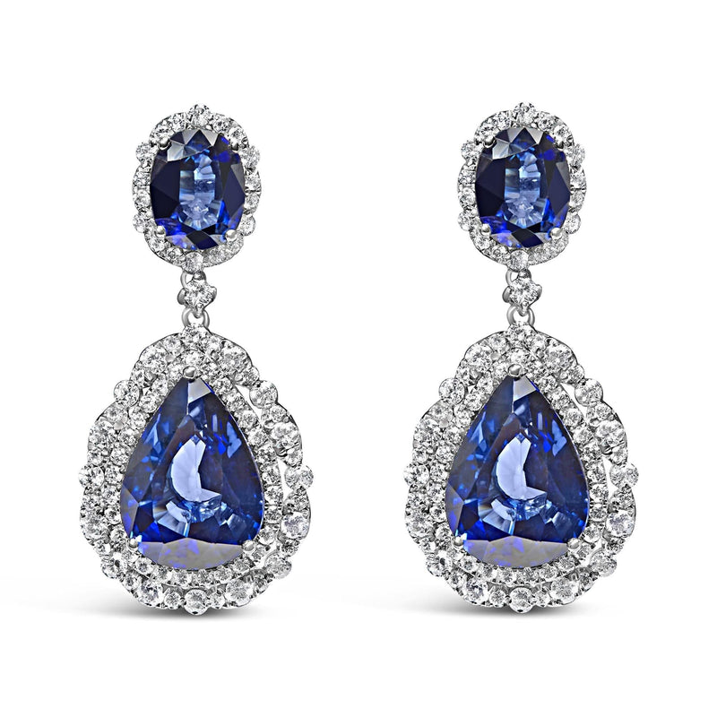 18K White Gold Blue Sapphire 2 3/4 Cttw Diamond Halo Drop Dangle Earring (G-H Color, SI1-SI2 Clarity) 18K white gold ring with blue sapphire and halo diamond stones