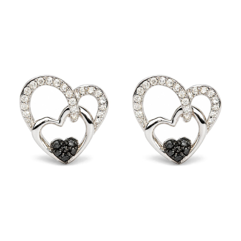 .925 Sterling Silver 1/4 Cttw Black and White Diamond Multi Heart Stud Earrings
