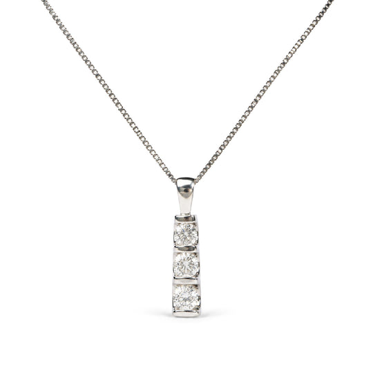 14K White Gold 1.00 Cttw Diamond 3 Stone Pendant Necklace