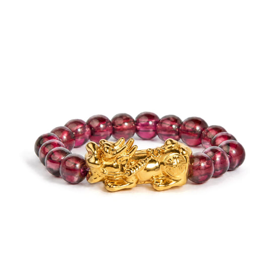 18K Yellow Gold Red Garnet Beaded Stretch Ring with Sculpted Dragon Charm