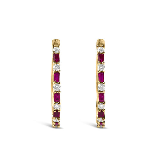 14K Yellow Gold Baguette Ruby and 1/5 Cttw Diamond Hoop Earrings