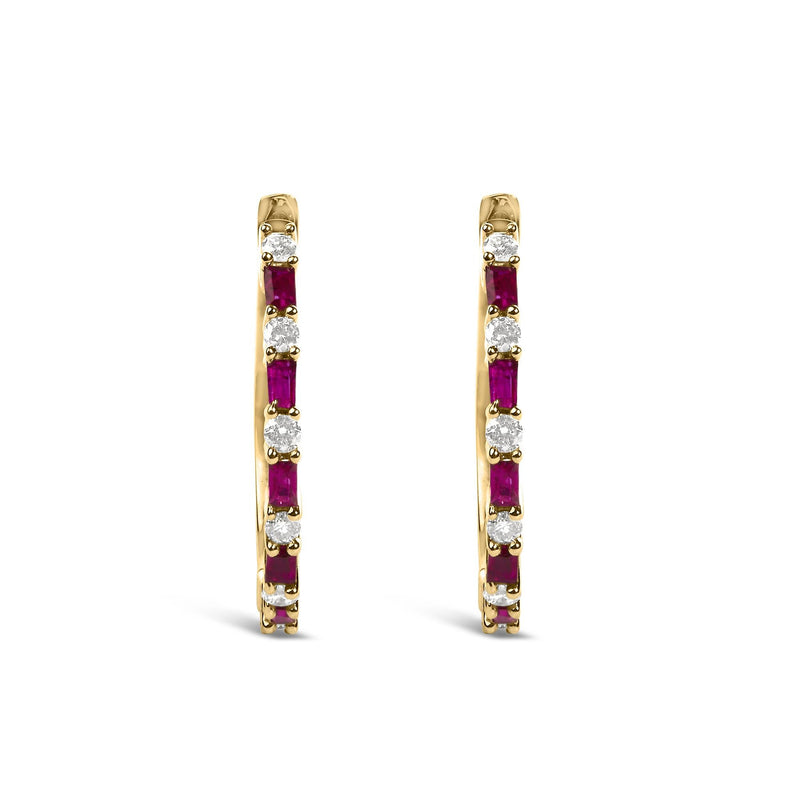 14K Yellow Gold Baguette Ruby and 1/5 Cttw Diamond Hoop Earrings