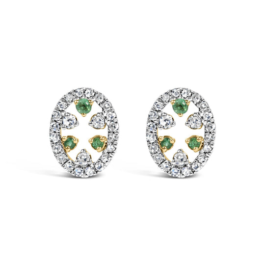 14K Yellow Gold Oval Emerald and 1/7 Cttw Diamond Stud Earrings