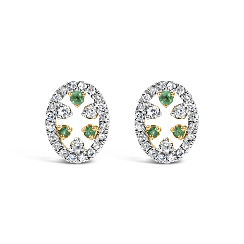 14K Yellow Gold Oval Emerald and 1/7 Cttw Diamond Stud Earrings