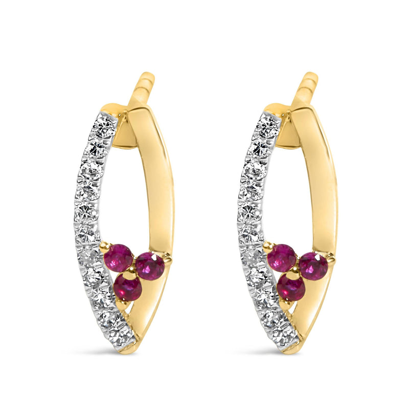 14K Yellow Gold Ruby and 1/10 Cttw Diamond Marquise Stud Earrings