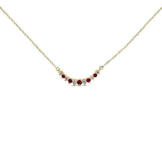 14K Yellow Gold Ruby and 1/10 Cttw Diamond Curved Bar Necklace