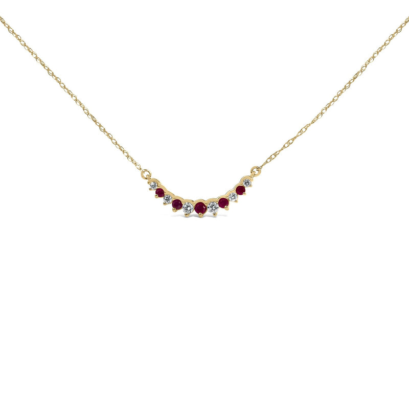 14K Yellow Gold Ruby and 1/10 Cttw Diamond Curved Bar Necklace
