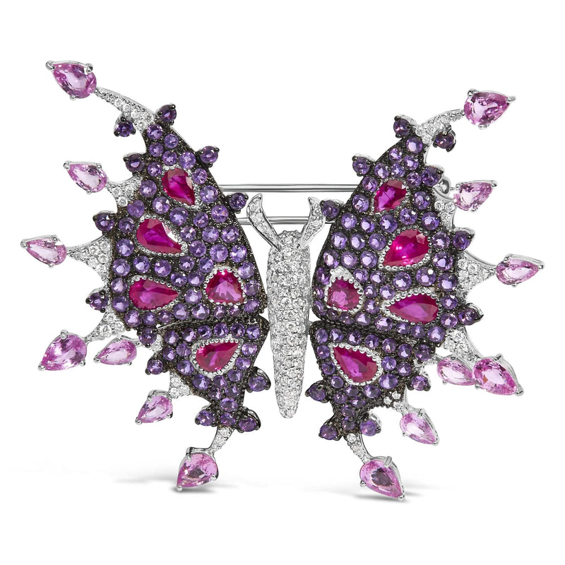 18K White Gold 1.00 Cttw Diamond, Ruby Sapphire, and Amethyst Mixed Gemstone Butterfly Brooch Pin (G-H Color, VS1-VS2 Clarity) 18K white gold butterfly brooch with diamond, ruby, sapphire, and amethyst stones
