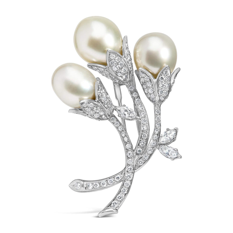 18K White Gold 2 1/5 Cttw Diamond and South Sea Pearl Floral Brooch Pin (G-H Color, VS1-VS2 Clarity) 18K white gold floral brooch with pear diamonds and a South Sea pearl