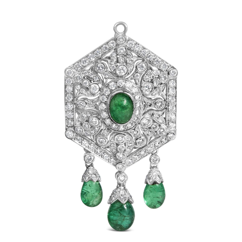 18K 2 3/4 Cttw Diamond and Emerald Dangle Art Deco Shield Brooch Pin Pendant (G-H Color, VS1-VS2 Clarity) CHAIN NOT INCLUDED 18K gold Art Deco shield brooch with diamond and emerald stones