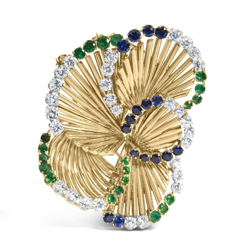 18K Yellow Gold 2 1/3 Cttw Diamond, Sapphire, and Emerald Sculpted Petal Brooch Pin (G-H Color, VS1-VS2 Clarity) 18K yellow gold petal brooch with diamond, sapphire, and emerald stones