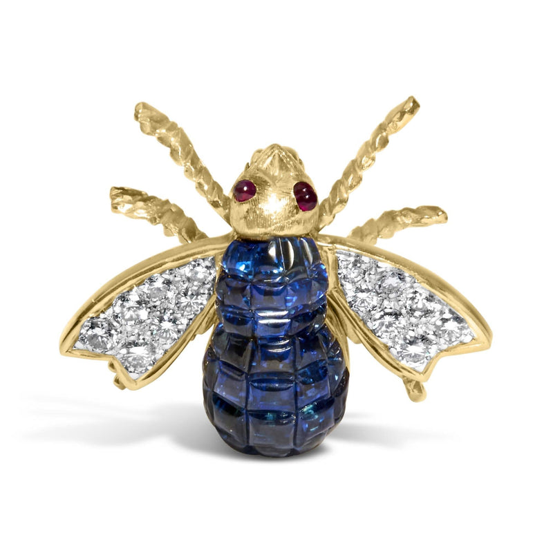 18K Yellow Gold 3/8 Cttw Diamond and 5 4/5 Cttw Blue Sapphire Bumblebee Brooch Pin (F-G Color, VS2-SI1 Clarity) 18K yellow gold bumblebee brooch with blue sapphire and diamond stones