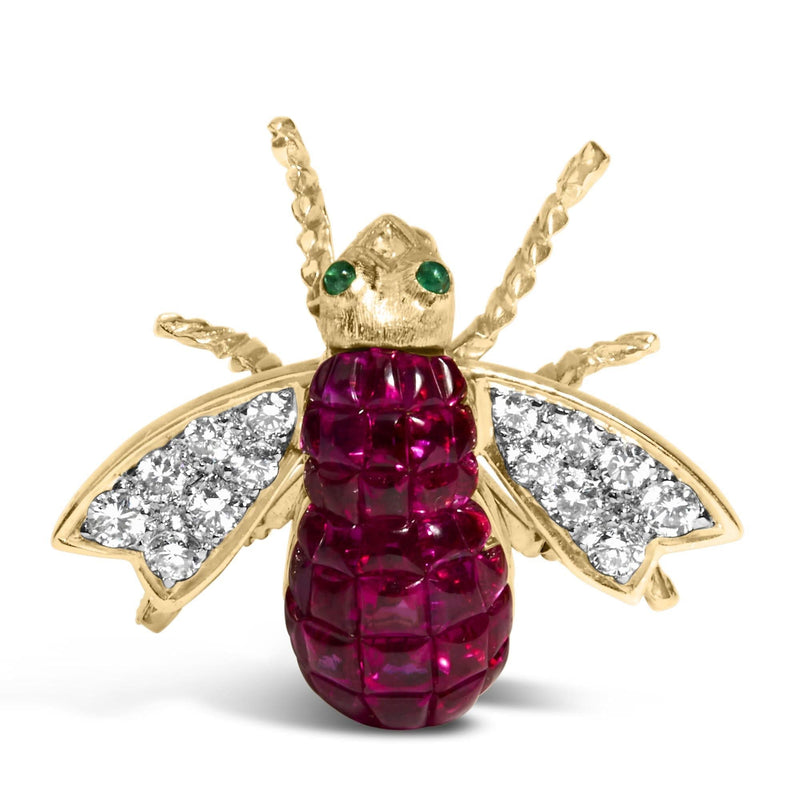 18K Yellow Gold 3/8 Cttw Diamond and 6 3/4 Cttw Red Ruby Bumblebee Brooch Pin (F-G Color, VS2-SI1 Clarity) 18K yellow gold bumblebee brooch with red ruby body and diamond wings