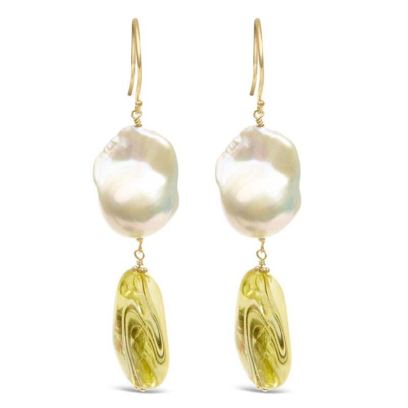 14K Yellow Gold Citrine and Baroque Pearl Drop and Dangle Earrings 1 3/4 Inch Dangle 14K yellow gold earrings with pear citrine and baroque pearl drops