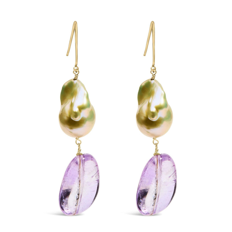 14K Yellow Gold Amethyst and Baroque Pearl Drop and Dangle Earrings 2 14K yellow gold earrings with pear amethyst and baroque pearl drops