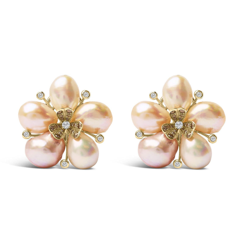18K Rose Gold 3/8 Cttw Diamond and Freshwater Pearl Blossom Stud Earrings 18K rose gold ring with pear diamond stones in a blossom layout