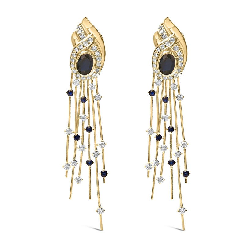 14K Yellow Gold 1.0 Cttw Diamond and Blue Sapphire Chandelier Earrings 14K yellow gold chandelier earrings with diamond and blue sapphire stones