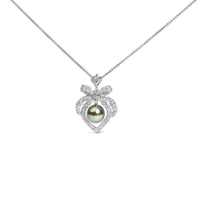18K 3/4 Cttw Diamond and 12.5 MM Cultured Black Tahitian Pearl Heart Pendant Necklace (G-H Color, SI1-SI2 Clarity) - 18 18K gold heart necklace with pear diamonds and black Tahitian pearl