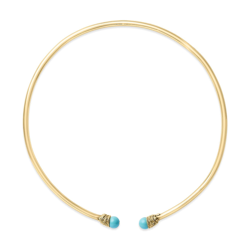 18K Yellow Gold Sculpted Collar Necklace with Turquoise Cabochon Ends 18K yellow gold collar necklace with two cabochon turquoise stones