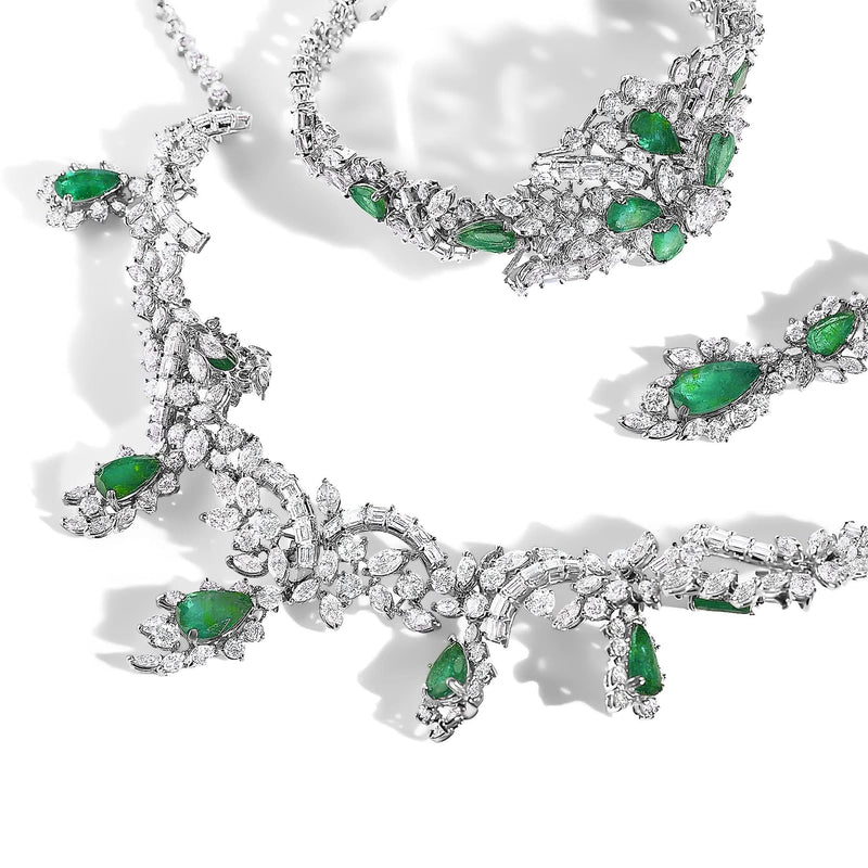 Certified Platinum 38.0 Cttw Diamond and 19 3/4 Cttw Brazilian Green Emerald Necklace, Bracelet & Earrings Three-Piece Set 950 platinum jewelry set with diamond and Brazilian green emerald stones