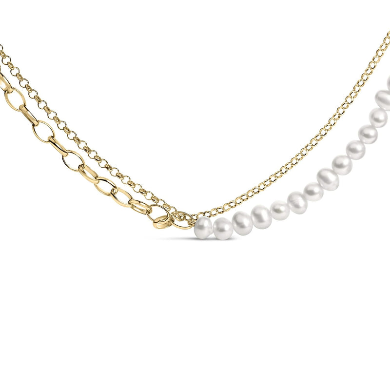18K Yellow Gold Vermeil Cultured Pearl Strand Necklace with Rolo and Paperclip Chain 18K Yellow Gold Vermeil Cultured Pearl Strand Necklace with Rolo and Paperclip Chain-0