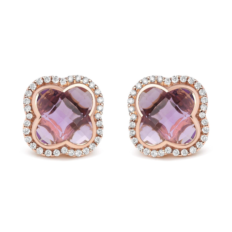 18K Rose Gold 3/8 Cttw Diamond and 11x11mm Clover-Cut Purple Amethyst Gemstone Clover Halo Stud Earrings (G-H Color, SI1-SI2 Clarity) 18K rose gold ring with G-H diamond halo and purple amethyst center stone