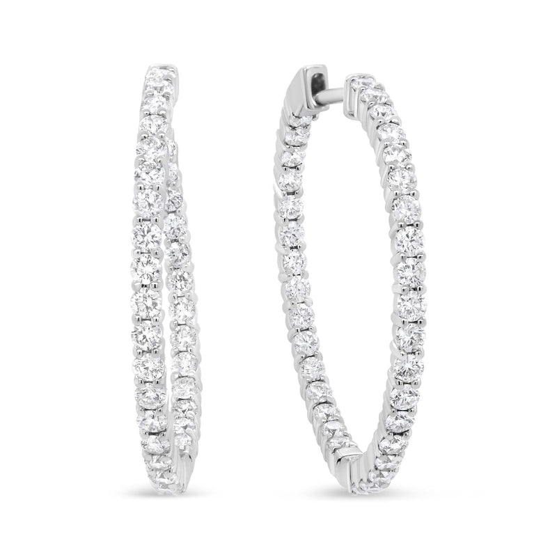 18K White Gold 3 5/8 Cttw Round Diamond Curved Inside-Outside Hoop Earrings (F-G Color, VS1-VS2 Clarity) 18K white gold hoop earrings with round diamond stones inside and outside