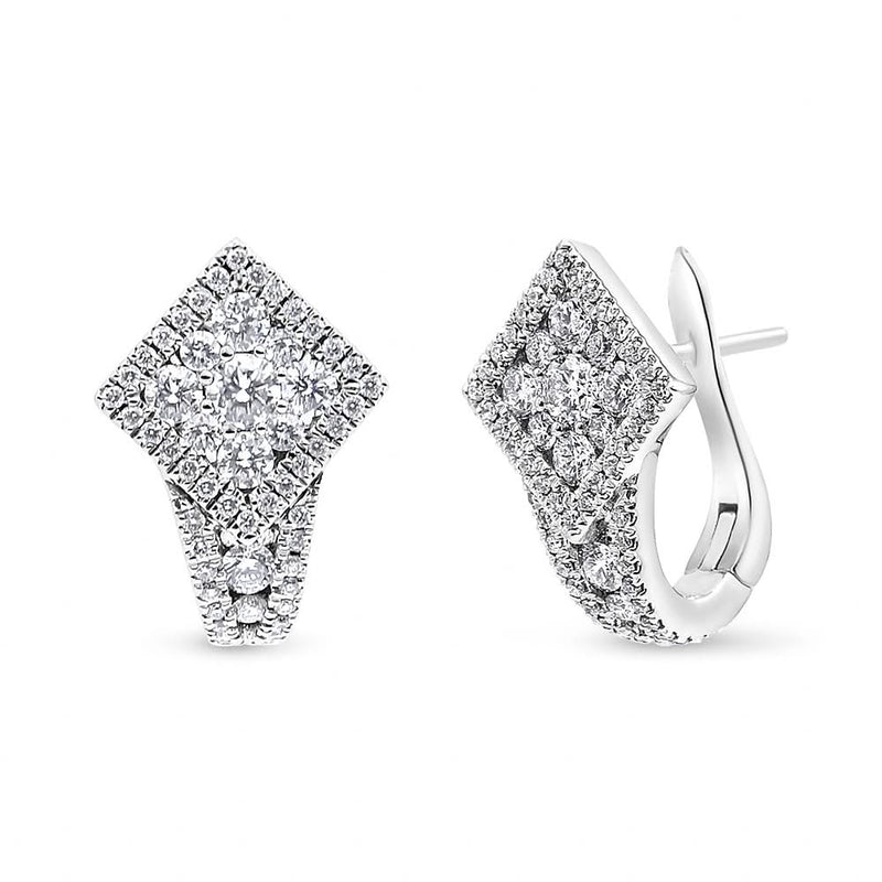 18K White Gold 1 1/10 Cttw Round Diamond Cluster with Halo Hoop Huggie Earring (F-G Color, VS1-VS2 Clarity) 18K white gold huggie earrings with round diamond stones in halo setting