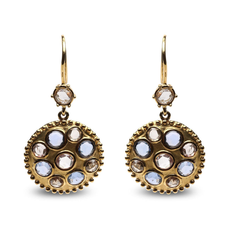 18K Yellow Gold 1 2/3 Cttw Diamond and Blue Sapphire Bezel Set Gemstone Cluster Medallion Dangle Earrings (Brown and G-H Color, SI1-SI2 Clarity) 18K yellow gold dangle earrings with bezel-set diamond and blue sapphire clusters
