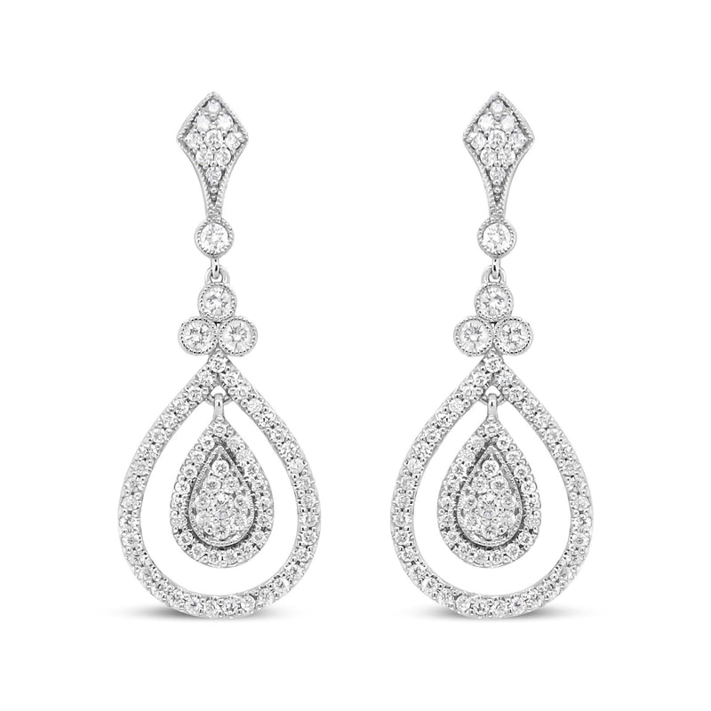 18K White Gold 1 1/4 Cttw Round Diamond Openwork Teardrop-Shaped Dangle Earrings (F-G Color, VS1-VS2 Clarity) 18K white gold dangle earrings with round diamond stones in openwork teardrop