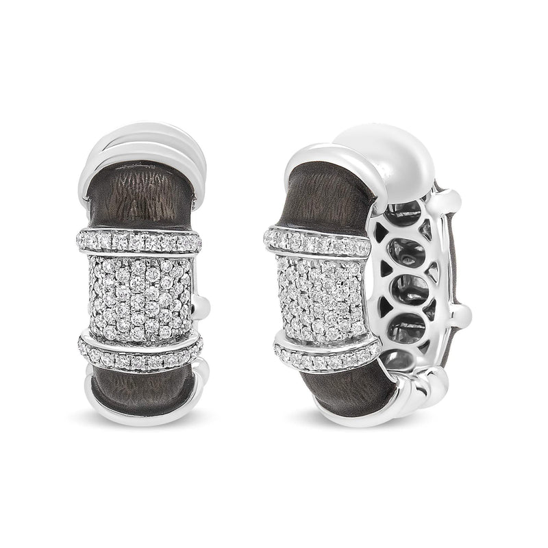 18K White Gold Flash Plated .925 Sterling Silver Clear Graphite Grey Enamel 5/8 Cttw Round Diamonds Huggie Hoop Earrings (F-G Color, VS1-VS2 Clarity) 18K white gold huggie hoops with round diamonds and grey enamel band