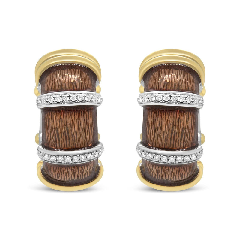 18K Yellow and White Gold Flash Plated .925 Sterling Silver Clear Brown Enamel 9/10 Cttw Round Diamonds Huggie Hoop Earrings (F-G Color, VS1-VS2 Clarity) 18K white gold huggie hoop earrings with round diamond stones