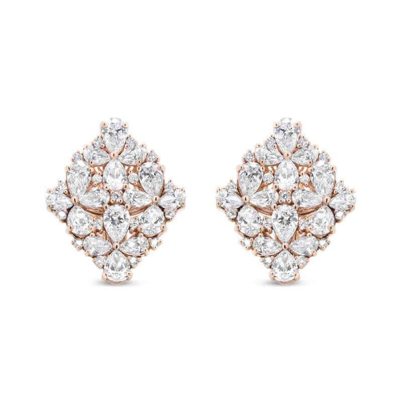 18K Rose Gold 8 1/3 Cttw Pear and Round Diamond Floral Cluster Omega Earrings (F-G Color, VS1-VS2 Clarity) 18K rose gold ring with pear and round diamond stones in floral cluster