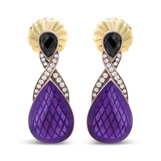18K rose gold earrings with pave round diamonds and pear black onyx drops