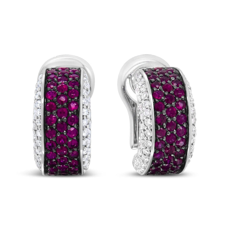18K White Gold and Black Rhodium Plated 3/4 Cttw Round Diamonds and 1mm Round Red Ruby Huggie Hoop Earrings (F-G Color, VS1-VS2 Clarity) 18K white gold huggie hoop earrings with round diamonds and ruby accents