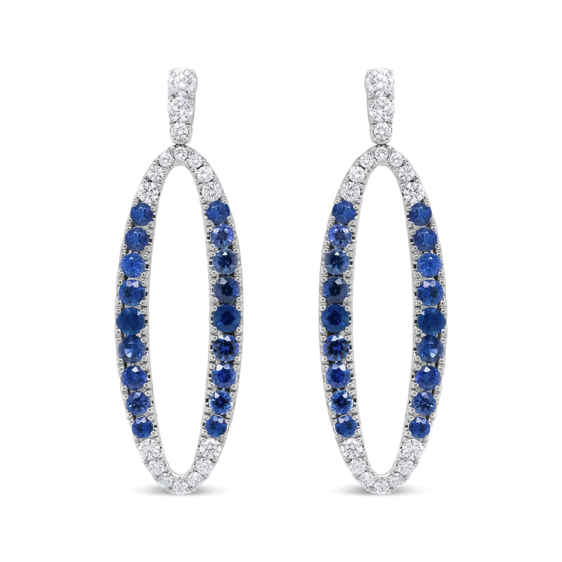 18K White Gold 1.11 Cttw Blue Round Diamond and Blue Sapphire Openwork Oval Shaped Dangle Earrings (F-G Color, VS1-VS2 Clarity) 18K white gold earrings with round diamond and blue sapphire stones