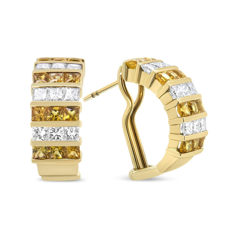 18K Yellow Gold 1 3/4 Cttw Invisible Set Princess Cut Diamond and 2.5mm Yellow Sapphire Huggie Hoop Earrings (F-G Color, VS1-VS2 Clarity) 18K yellow gold huggie hoop earrings with princess cut diamonds and yellow sapphire