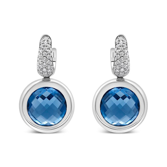 18K white gold earrings with 11mm round blue topaz and bezel-set diamond stones