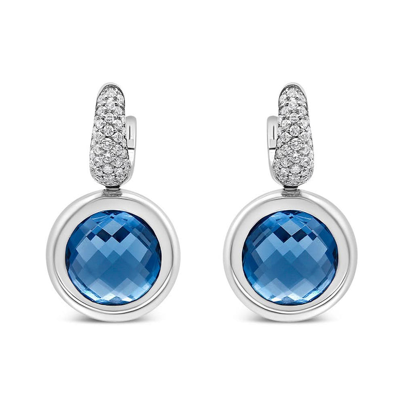 18K White Gold Bezel Set 11mm Blue Topaz and 1/2 Cttw Invisible Set Diamond Bale Dangle Earrings (F-G Color, VS1-VS2 Clarity) 18K white gold earrings with 11mm round blue topaz and bezel-set diamond stones