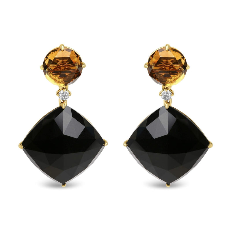 18K Yellow Gold 1/5 Cttw Diamond with Round Yellow Citrine and Cushion Cut Black Onyx Gemstone Dangle Earring (G-H Color, SI1-SI2 Clarity) 18K yellow gold ring with round citrine, cushion onyx, and round diamond stones