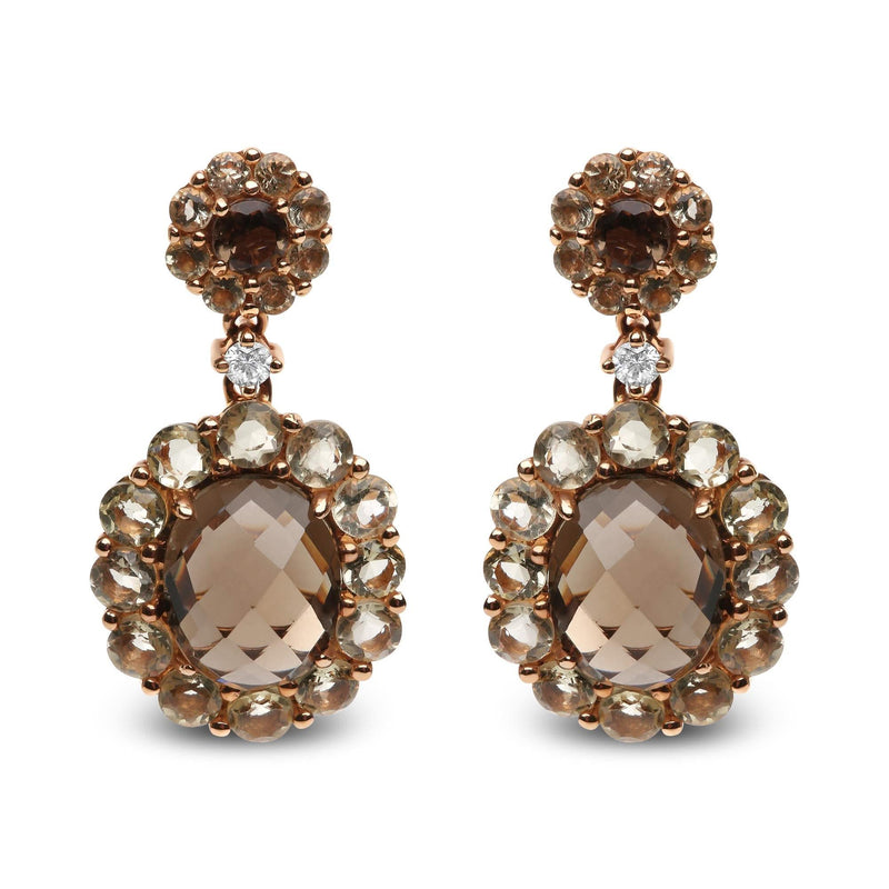 18K Rose Gold Diamond Accent and Lemon and Oval Smoky Color Quartz Gemstone Dangle Drop Earring (G-H Color, SI1-SI2 Clarity) 18K rose gold drop earrings with oval quartz and diamond accent stones