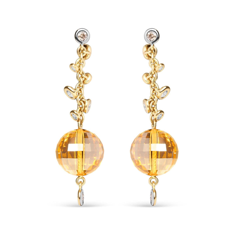 18K Yellow Gold 2/3 Cttw Round Bezel Diamond and 25mm Ball Shaped Yellow Citrine Gemstone Dangle Stud Earring (Brown and G-H Color, SI1-SI2 Clarity) 18K yellow gold dangle earrings with round bezel diamond and citrine ball stones