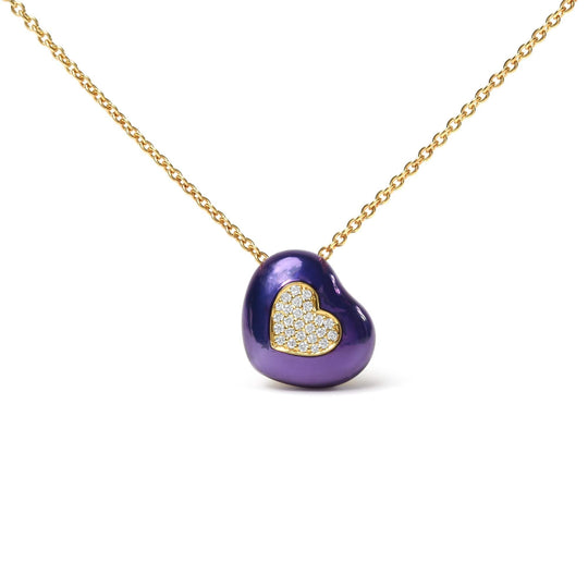 18K Yellow Gold Blue Enamel 1/10 Cttw Round Pave Diamonds Heart Shape 18" Pendant Necklace (G-H Color, SI1-SI2 Clarity) - Adjustable up to 16" - 18"-0