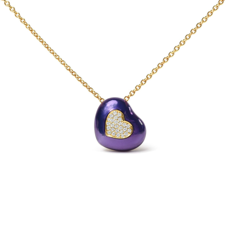 18K Yellow Gold Blue Enamel 1/10 Cttw Round Pave Diamonds Heart Shape 18 18K yellow gold heart necklace with round pavé diamonds and blue enamel