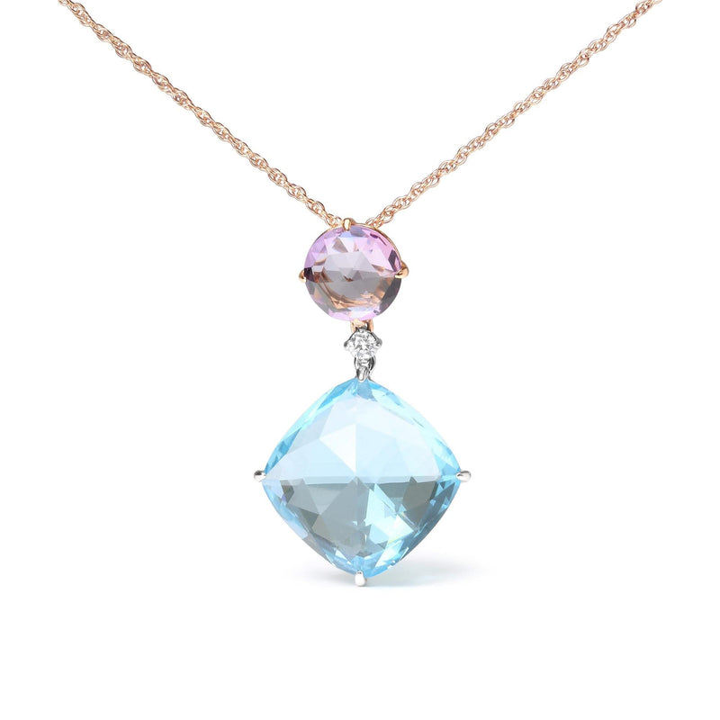 18K White and Rose Gold Round Diamond Accent and Round Rose De France Pink Amethyst and Cushion Cut Sky Blue Topaz Dangle Drop 18 18K rose gold necklace with round diamond, amethyst, and topaz stones