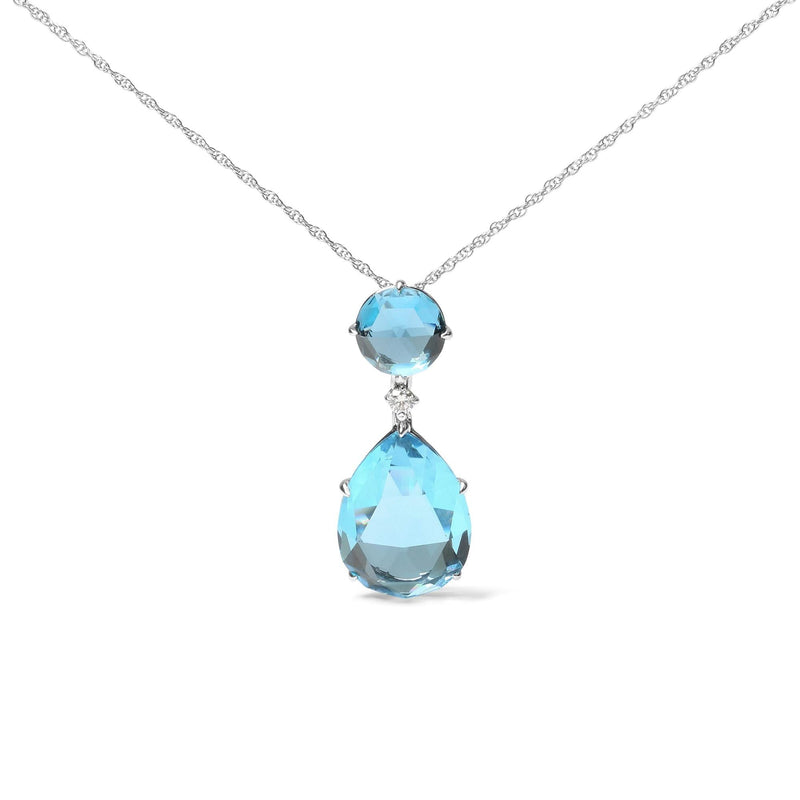 18K White Gold Diamond Accent and Round London Blue Topaz and Pear Cut Sky Blue Topaz Dangle Drop 18 18K white gold necklace with round and pear blue topaz and diamond accents