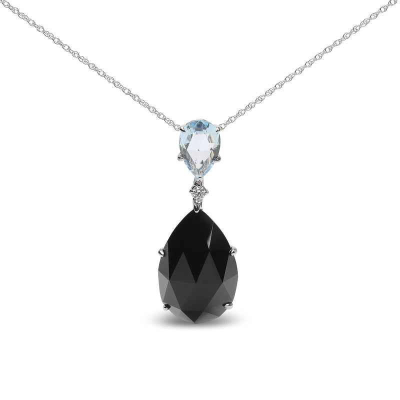 18K White Gold Diamond Accent and Pear Cut Sky Blue Topaz and Pear Cut Black Onyx Dangle Drop 18 18K white gold necklace with pear diamond accents, sky blue topaz and black onyx