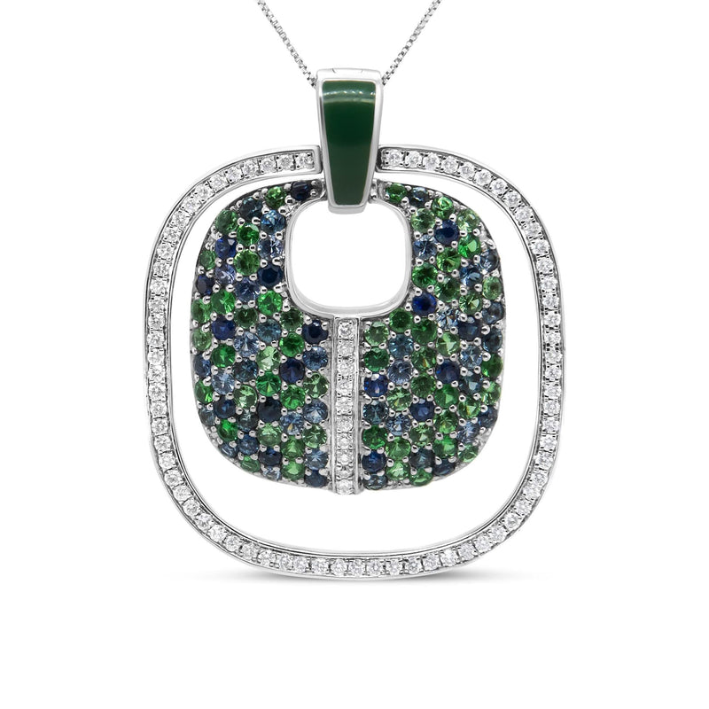 .925 Sterling Silver Green Enamel Pendant with 1/2 Cttw Diamond, Sapphire, and Tsavorite Openwork Statement 18 925 sterling silver pendant with diamond, sapphire, and tsavorite green enamel